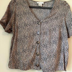 Leopard Button Up Blouse Women's Plunge Neck Top